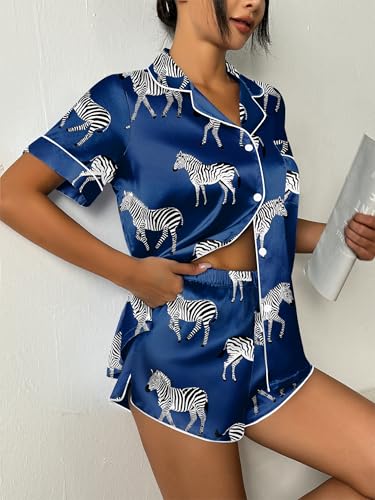 Image of Ekouaer Womens Silk Satin Pajama Set Print Short Sleeve Sleepwear Button Down Pjs Shorts Set Loungewear