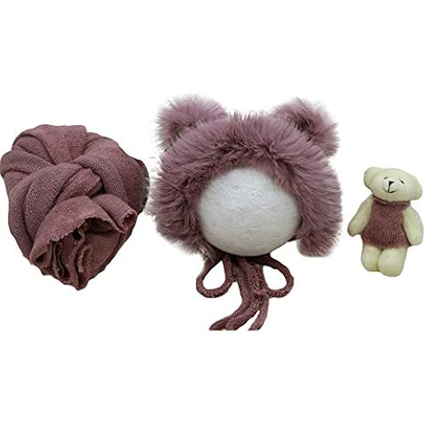 Newborn Photography Prop Wrap Fluffy Hat Bear Doll Set Infant Baby Photo Props Outfits for Baby Boys Girls Cover