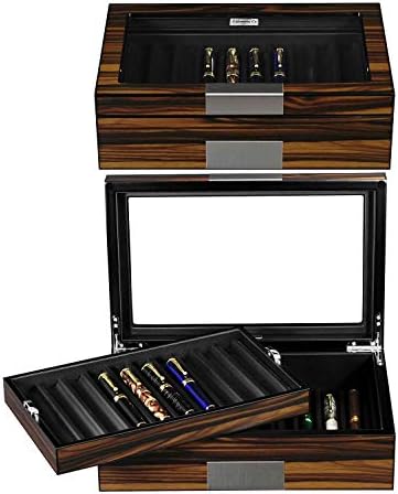 Pen Display Box Ebony Wood Pen Display Case,Fountain Pen Storage Box,20 Pen Organizer Box with Glass Window Pen Collection Box with Tray