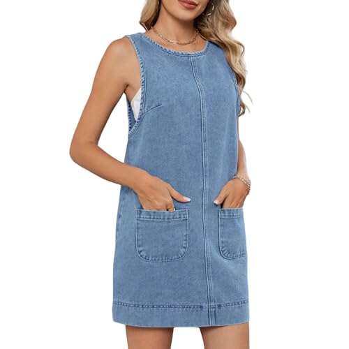 Damen Washed Denim Westenkleid – Rückenlos ärmellos Casual Jean Jumpsuit mit Taschen, A-Linie Midi Länge, Vintage Sommerkleid (DE/NL/SE/PL,...