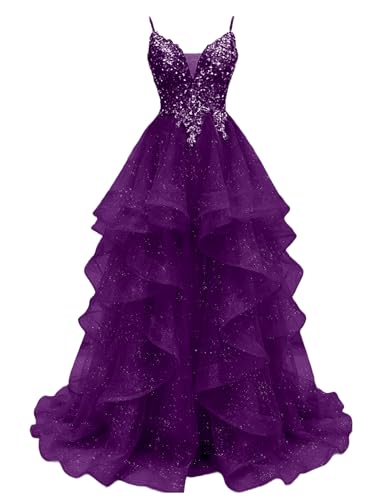 Sparkly Tulle Prom Dresses 2026 Lace Appliques Long Ball Gown V Neck A-line Formal Evening Gown Tiered Quinceanera Dresses Dusty Purple
