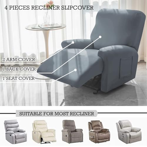 Image of HOKIPO 'SereneSolids' 140 GSM 4-Pieces Super Stretch Recliner Chair Cover 1 Seater Fully Covered Washable Furniture Protector, Smokey Grey (NEW2-4740-SGRY)