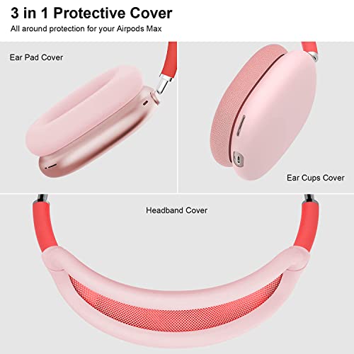 Oetker Compatible Airpods Max Case Cover, Soft Silicone 3 In 1 Anti-Scratch Ear Pad Case Cover/Ear Cups Cover/Headband Cover Accessories Protective Skin Case For Airpods Max Headphones, Pink #TOP2