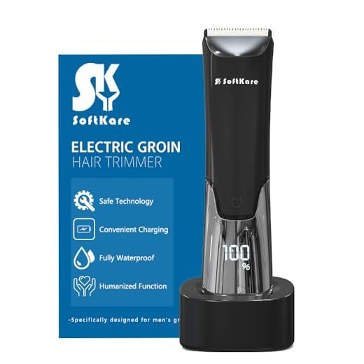 SoftKare Groin Hair Trimmer for Men - Safe Ball Shaver, Replaceable Ceramic Blade Heads & Charging Base, Electric Body Groomer with Light & Power Display, Waterproof Wet/Dry Use Male Razor