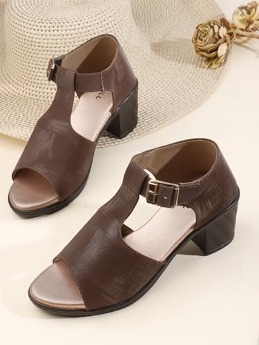 Image of Denill Fancy & Comfortable Brown Heel Sandal with Ankle Strap for women & Girls