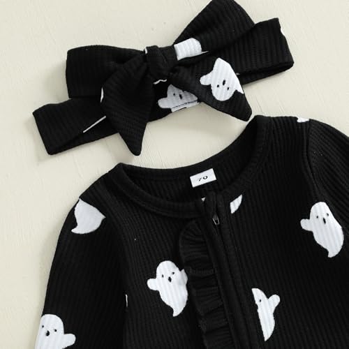Newborn Baby Girl Halloween Outfit Ghost Print Ruffled Zipper Long Sleeve Romper Jumpsuit Infant Fall Clothes Headband4