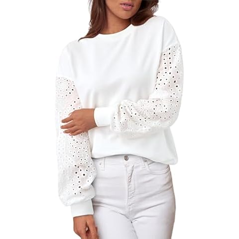 MASCOMODA Fall Fashion 2024 Blouses for Women Dressy Casual Lace Long Sleeve Tops Crewneck Eyelet Knit T Shirts Sweatshirt(White,Medium) Cover