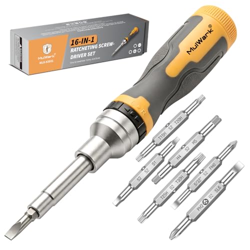 Image of Mulwark 16-in-1 Ratcheting Multi-Bit Screwdriver Set, S2 Steel Screwdriver with 1 /4 inch & 5 /16 inch Nut Drivers, Nickel Coated Anti-Rust screw driver, Max Torque Soft Handle for Home Repair & DIY