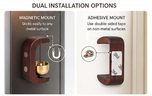 Image of Wooden Door Bell Chime for Door Opening, Brass Shopkeeper Entry Bell, Door Chime for Home, Office, Shop, Cafe, Refrigerator | No Drill Adhesive Mount, Soft Sound Wind Chime Decor (2)