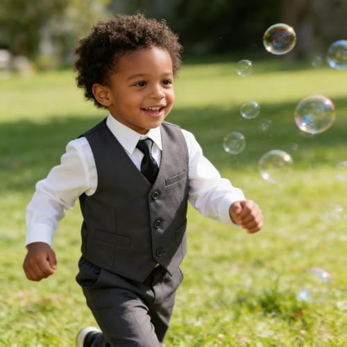 Image of Baby Boy Formal Suit for Toddler Infant Tuxedo Dress Suits | Little Gentleman, Wedding Ring Bearer Outfit, Vest Pants Long-Sleeve Shirt Tie, Birthday Party Christmas Prom, Classic