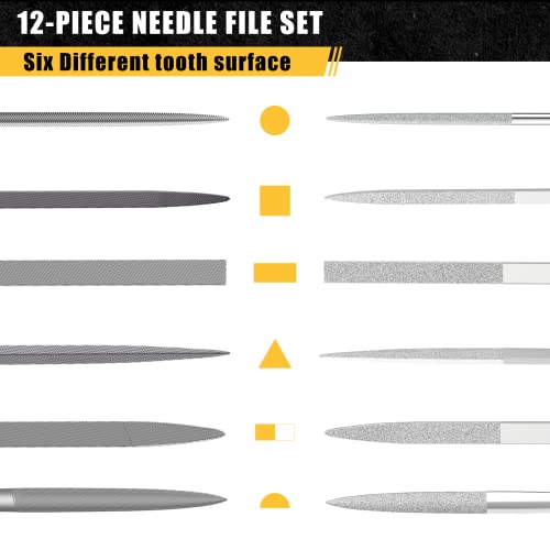 12PCS Needle File Set with Tool Bag, Small File Set Includes 6pcs Jewlers Files & 6 Steel Files for Metal, Jewlers, Wood, Leather and Plastic