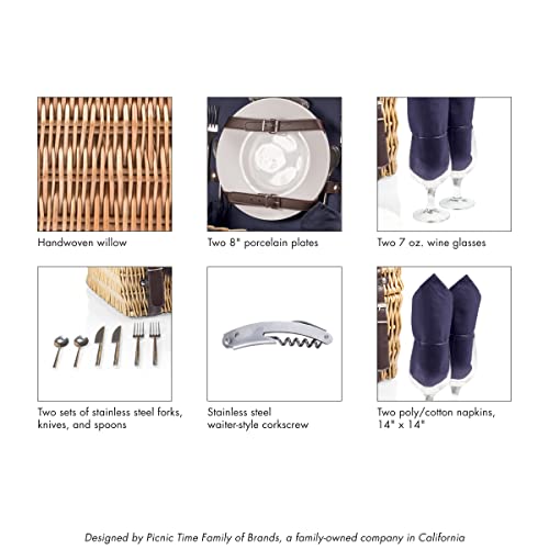 Picnic Time Champion Picnic Basket For 2, Large Wicker Hamper Set With Cutlery Service Kit, (Navy Blue) #TOP6