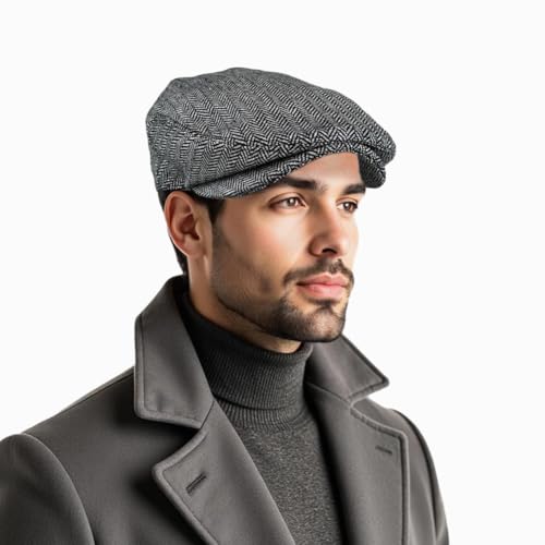 Quotik Newsboy Cap for Men Cabbie Hat Herringbone Classic Wool Blend Tweed(Grey)