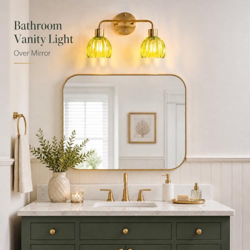 Image of 2-Light Gold Brass Bathroom Light Fixture,Wall Sconces,Brushed Gold Vanlity Light Over Mirror,Bathroom Vanity Light with Green Glass Flower Shade,E26 Socket(Bulbs Not Included)