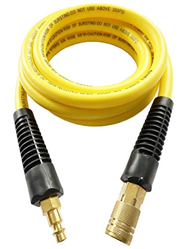 SANFU Hybrid PVC/Rubber Lead-in Air Hose 3/8â€ID x 10ft, 300PSI Durable, Lightweight, with 1/4â€ Immovable Industrial Quick Brass Coupler and Plug, Bend Restrictors, Yellow(10\')