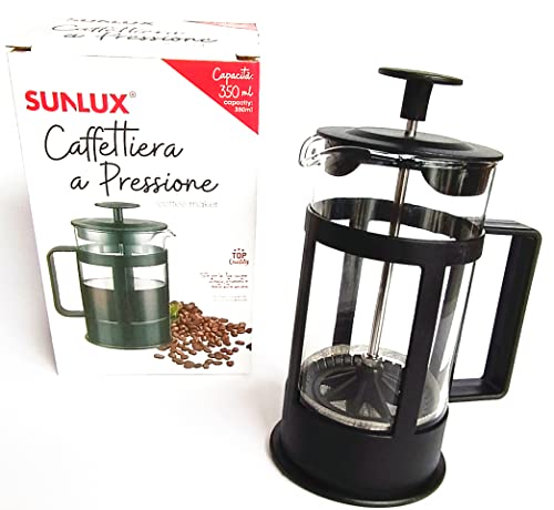 SUNLUX Caffettiera a Pressione 350ml -Caraffa Cappucino Caffè & The 350ml in Vetro e Inox con Manico in Plastica