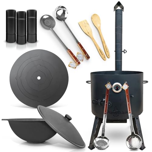 Utschak F22-1 - Hornillo de fuego (49 cm de diámetro, 2 mm, acero, 4 mm, base plana, termómetro, espumadera de 64 cm, 2 cucharones de madera, tubo de extensión, cuchara de 48 cm, cucharón de 48 cm,