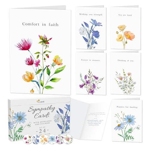 Only Zest - Only Zest Box of Sympathy Cards with Envelopes, 24 Pack Condolence Card for Bereavement, Loss of Loved One, Floral Boxed Sympathy Cards Bulk Assortment Set with Printed Message Inside