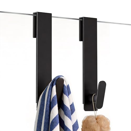 IMUMU Shower Door Hooks 8 Inch Extended Heavy Duty Shower Hooks for Towels Over the Towel Hooks for Bathroom Frameless Glass Door (Black 2 Pack)