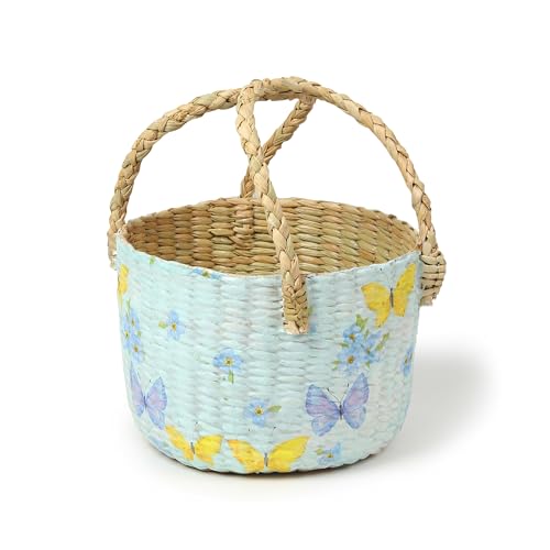 Image of Habere India-All the Cultures Fabricating India Handmade Gift Hamper Baskets | Cane Round Hamper | Fruit Baskets | Bamboo Organiser Basket | Jute Round Storage Basket - Blue (Design14 - D21xH29 cm)