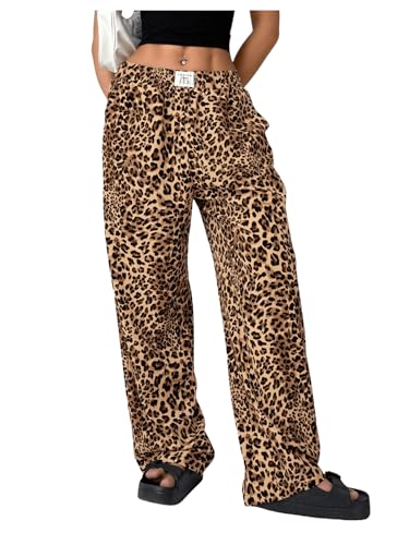 Image of RoseSeek Women's Letter Leopard Print Y2K Straight Elastic Waist Leg Pants
