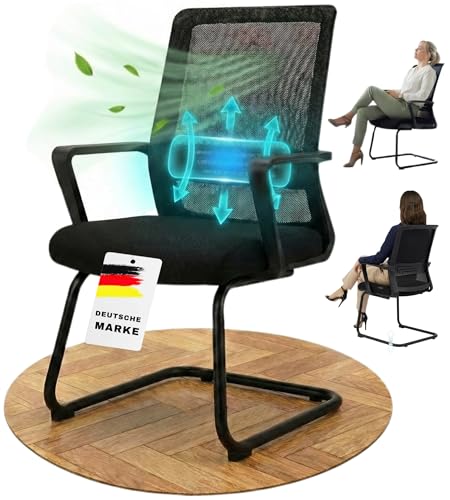 VALKENSTOL K1 Konferenzstuhl Freischwinger Schwarz mit Armlehne - Ergonomischer Besucherstuhl mit verstellbarer Lordosenstütze & Netzrücken - Robuster Bürostuhl ohne Rollen, Wasserabweisend, bis 150kg