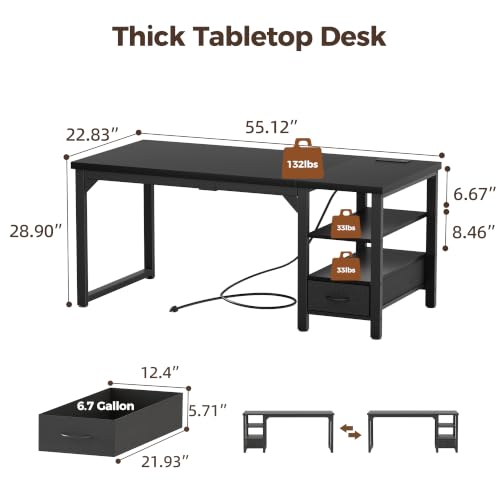 Image of Mericonia 54 inch Computer Desk with Drawer, 1.2 inch Thick Reversible Office Desk | Modern Writing Table with Power Outlets & Storage Shelves, Heavy Duty Industrial Executive Desk for Home Bedroom Study Work