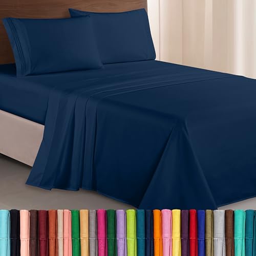Image of Elegant Comfort Luxurious 1500 Premium Hotel Quality Microfiber Three Line Embroidered Softest 4-Piece Bed Sheet Set, Wrinkle and Fade Resistant, Full, Navy Blue