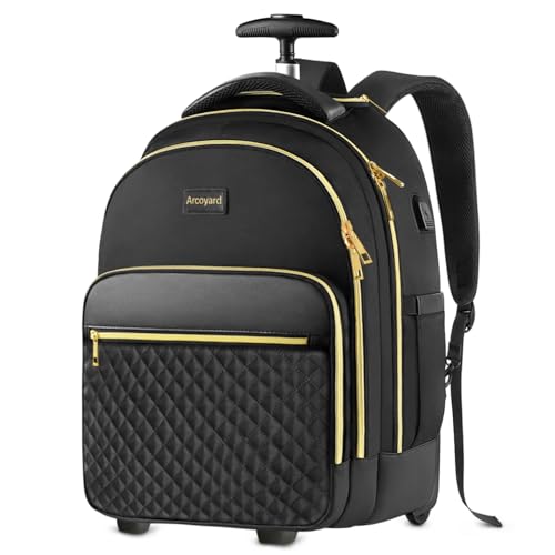 Arcoyard Rolling Backpack for Women, 15 inch Lightweight Wheeled Roller Laptop Backpack for Adults, Water Resistant Underseat Carry On Luggage Bag, TSA Friendly Anti Theft Business Gear, Black Gold