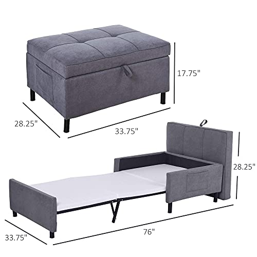 Homcom 2-In-1 Design Convertible Single Sofa Bed With Side Pocket And Metal Frame Couch For Living Room, Grey #TOP2