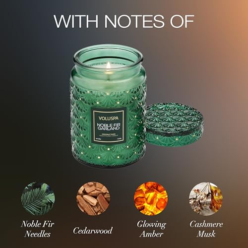 Image of Voluspa Noble Fir Garland, Large Candle Jar, 18oz, Coconut Wax Blend, Scented Candles for Home, 100 Hour Burn Time, Poured in the USA