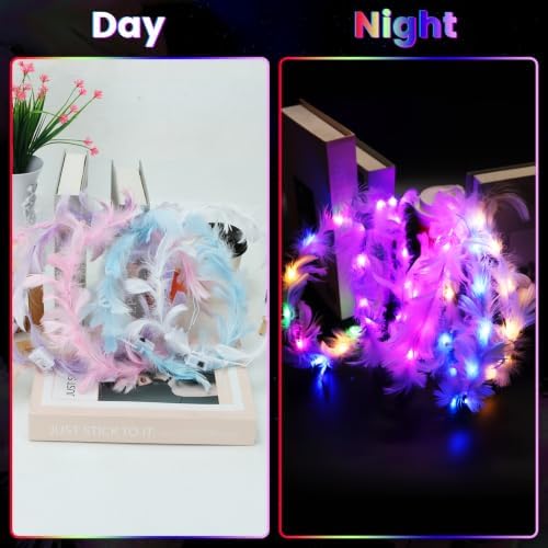 50 Pcs LED Feather Crown Headbands Light Up Flower Crown for Women Glow in The Dark Flower Headband for Wedding Reception Mardi Gras Cosplay Birthday Halloween Festival Party Favors(Multiple Colors) — view 6