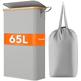 Lifewit 65L Wäschekorb Schmal mit Deckel, Faltbarer Wäschesammler Schmal mit Wäschesack, Laundry Basket Wäscheboxen aus Bambus mit Tragegriff für Apartment, Wohnheim und Wohnwagen, Silbergrau