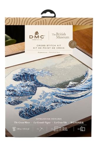 DMC - La Grande Vague par Katsushika Hokusai, Kit de point de croix avancé du British Museum | Belle idée cadeau