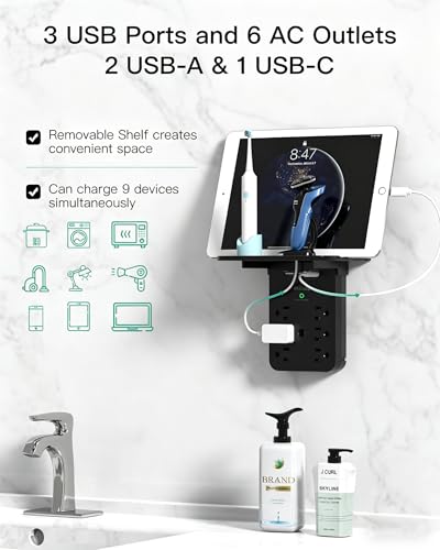 Image of Wall Outlet Extender with Shelf, Surge Protector 6 AC Multi Plug Outlet | 3 USB Charger Station Splitter Expander for Home Bathroom, Black