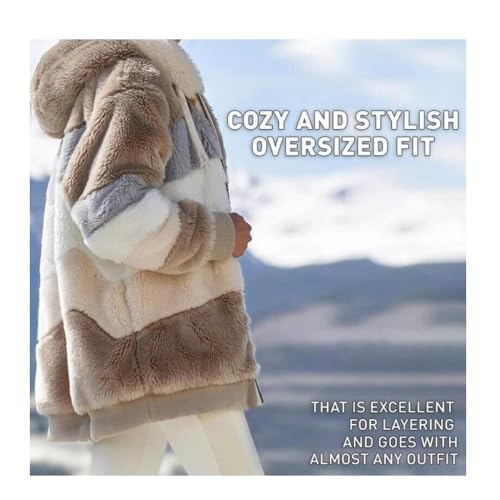 2024 New Contrasting Lamb Wool Padded Coat, Warm Plush Patchwork Zipper Pocket Hooded Loose Coat for Women4