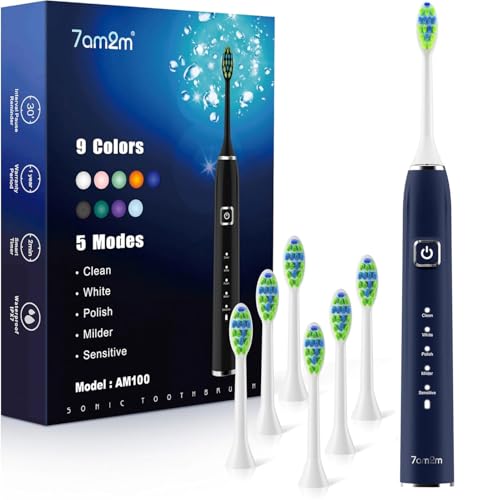 Image of 7AM2M Sonic Electric Toothbrush for Adults, Type-C Charging Run for 120 Days, with 6 Brush Heads (Navy)