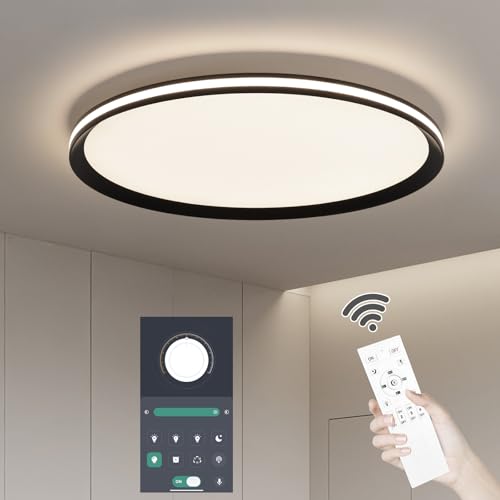 Dimmable Metal LED Ceiling Lights Fixtures,Slim, Edge Lit - 51CM Full Spectrum Smart Round Ceiling Lamps,3000-6500K Modern Ultra Thin Low Profile Light Fixture for Bedroom & Living Room (Black,45W)