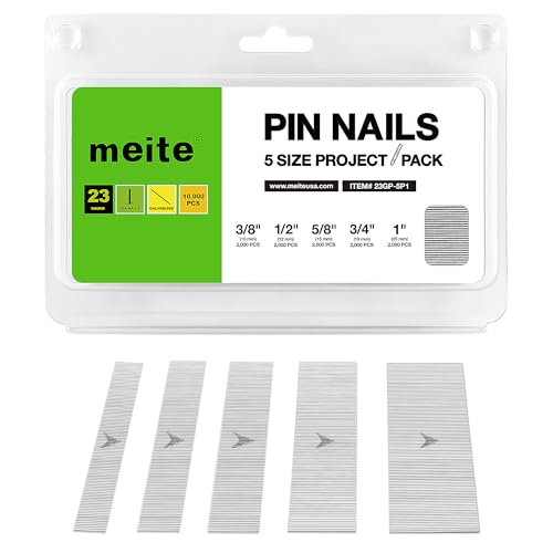 meite 23 Gauge Pin Nails, Assorted 5 Sizes (3/8", 1/2", 5/8", 3/4", 1") Micro Headless Piner Nails - Galvanized 23GA Pins Nails for Nail Gun, Ideal for Fine Woodworking and Trim Work (10,000 Counts)