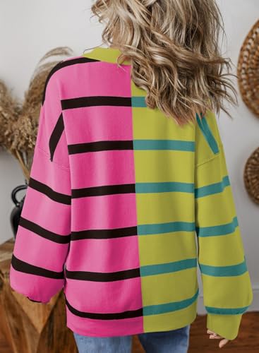 Image of EVALESS Womens Striped Sweaters Long Sleeve Cable Knitted Color Block Casual Loose Lightweight Oversized Sweaters Pullover