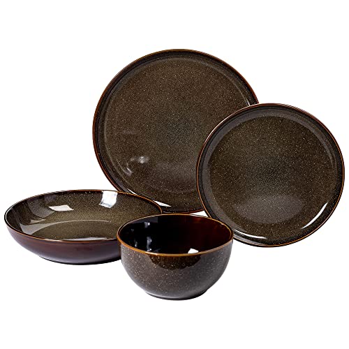 Image of Gibson Elite Edwina 16-Piece Double Bowl Dinnerware Set, Service for 4 - Dark Green Stoneware Plates and Bowls
