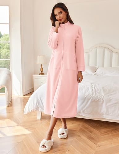 Image of Ekouaer Women Zipper Robe Long Sleeves House Coat Soft Bathrobe Sleepwear with Pockets Housecoat Loungewear