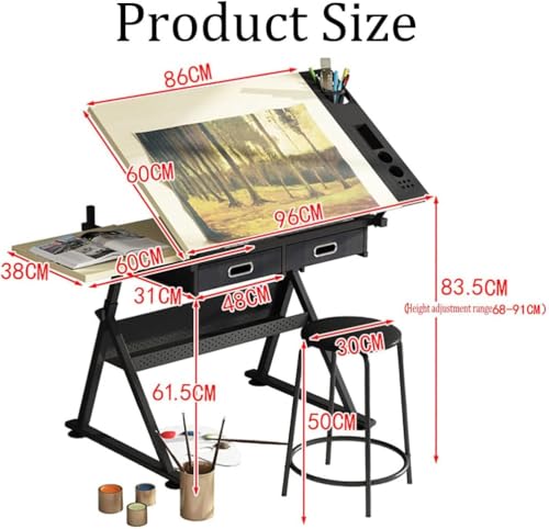 Drafting Tables Adjustable Drafting Table with Stool,2 Drawers Drawing Table Craft Table with Metal Frame,Tiltable Art Craft Desk