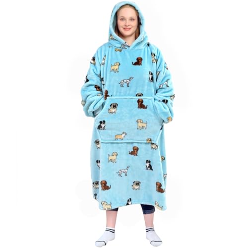 Image of Waitu Wearable Blanket Sweatshirt Gifts for Women and Men, Warm and Cozy Giant Blanket Hoodie, Thick Flannel Blanket with Sleeves and Giant Pocket - Light Blue