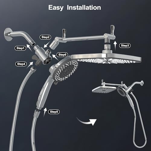 Regadera de lluvia cromada con mano libre: regadera superior rectangular de alta presión 12x7.5 pulgadas y regadera manual de 5 pulgadas, boquillas de silicona antiobstrucción, barra ajustable de altura miniatura 6