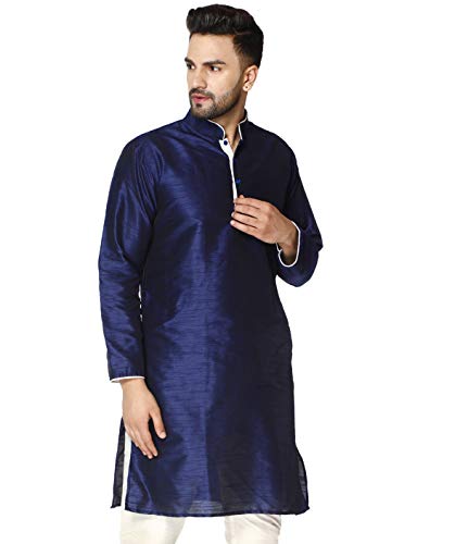 Image of Men's Art Silk Woven Design Long Kurta Mandarin Collar Straight Shirt