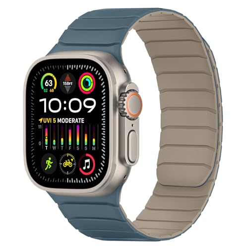 Bracelet magnétique silicone Apple Watch 46mm 45mm 49mm, boucle ajustable bleu dune-nuage