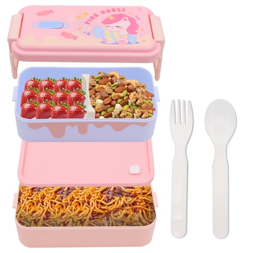DHINCHANSAIB Bento Box, Lonchera Infantil Unicornio, 1600 ml, Rosa, 2 Compartimentos, Resistente a Fugas, Incluye Cubiertos, Apto para Lavavajillas