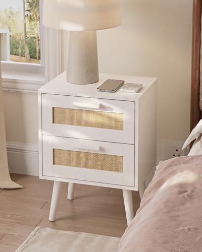 Image of Masupu Rattan Night Stand, Modern nightstand Boho Bedside Table with 2 Drawer, Small End Side Table for Bedroom,Living Room,Office,White