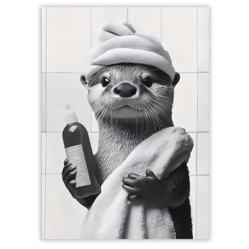 LunarCharm Decorazione Bagno Quadri Poster Un simpatico lontra con cappello da bagno Divertente Poster, Stampa su tela per il bagno, Senza cornice - 20 X 30 cm
